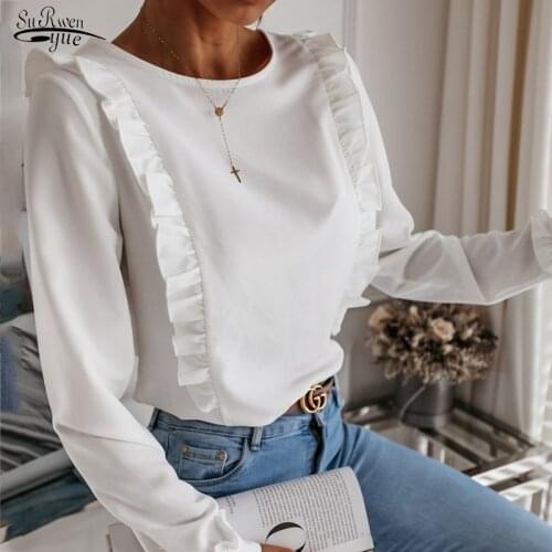 2020 Autumn New Vintage European and American Womens Fashion Long Sleeve Blouse OL Style Cotton Slim Ruffled Tops Female 10620
