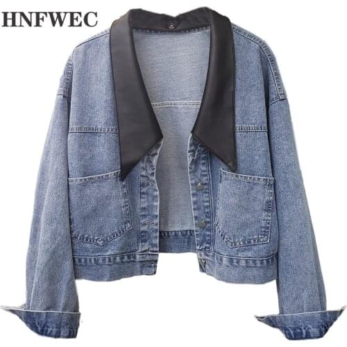 2020 autumn Removable patchwork PU leather collar denim short jackets single-breasted loose Korean style coatwomen V445