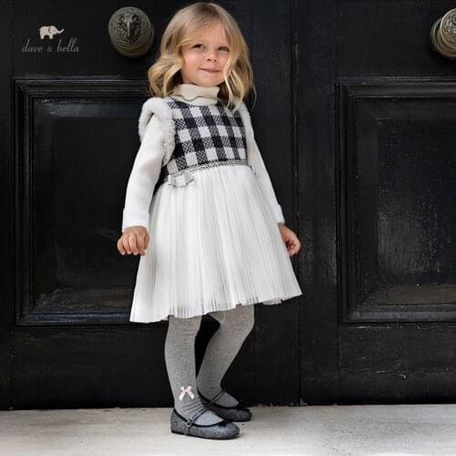 DB18917 dave bella autumn baby girls cute bow plaid mesh dress children fashion party dress kids infant lolita clothes