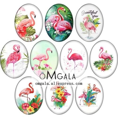 Fashion Beauty Flamingo Animals 10pcs 13x18mm/18x25mm/30x40mm Oval photo glass cabochon demo flat back Making findings
