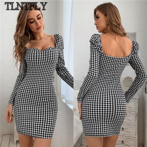 TLNTFLY Autumn Fashion Low-Cut Long-Sleeved Bag Hip Chidori Dress Sexy Slim Backless Elegant Women’s Club Party Dresses Vestidos
