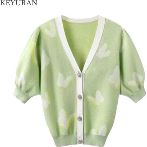 Summer Thin knitted Women Sweater Cardigan V-neck Puff Sleeve Butterfly Short-sleeved Ice Silk Knit Top Tee T Shirts Chic Female