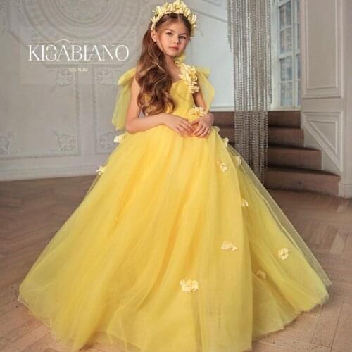 Yellow Princess Flower Girl Dresses Jewel Neck Handmade Flowers Girls Birthday Party Dress Christmas Wear First Communion Gowns