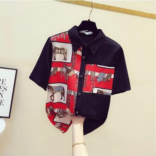 Europe Women Turn Down Collar Shirt 2021 Summer Chiffon Blouse Short Sleeve Print Shirts Tops Office Ladies Blouuse Blusas A3246