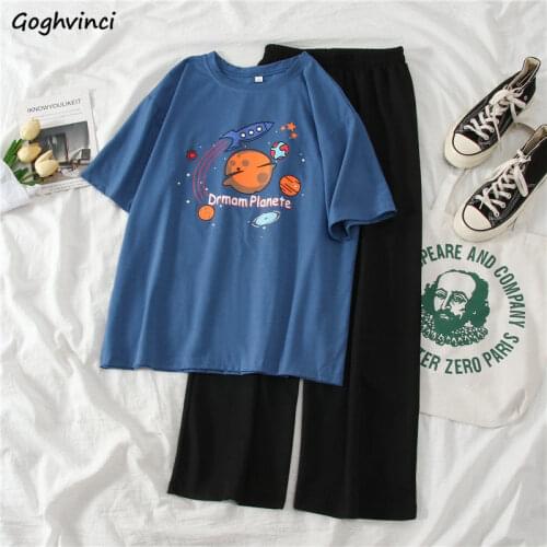 Women Sets Summer Ins Leisure All-match Teens 2 Piece Sets Harajuku Print Chic Basic Femme Tees Top Elastic Waist Basic Trouser