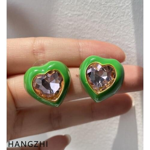 INES New Candy Color Hyperbole Shiny Zircon Heart Love Stud Earrings for Women Girls Party Travel Fashion Jewelry HANGZHI 2021