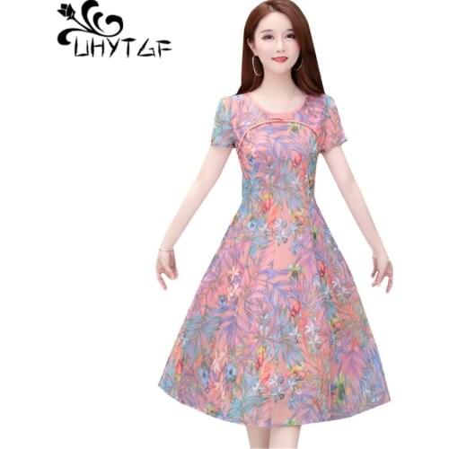 UHYTGF Summer dress womens fashion print elegant female dress short sleeve vintage chiffon plus size dresses sukienka letnia 782