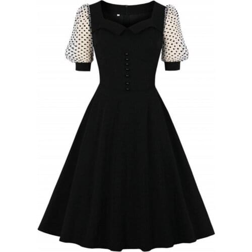Night Elegant Black Vintage Pin Up 60s 50s Swing Dresses Women Dotted Mesh Puff Sleeve High Waist Rockabilly Retro Dress 2021