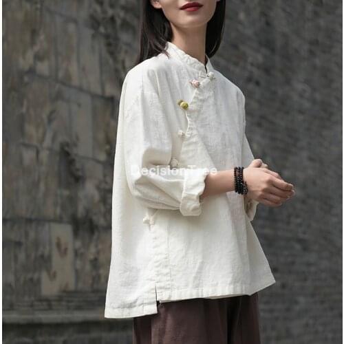 2021 chinese style linen women traditional tops women loose tangsuit half sleeve blouse tops elegant chiffon blouses