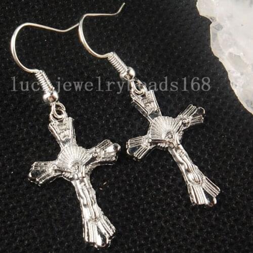 Free Shipping Fashion Jewelry 17x25mm Antique Metal Beads Cross Dangle Earrings 1Pair C2269