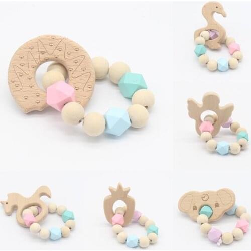 Baby Beech Wood Teething Bracelet Toys Cute Wooden Baby Beech Chewing Toy Solid Color Infant Baby Bite Bracelet Teether Gifts