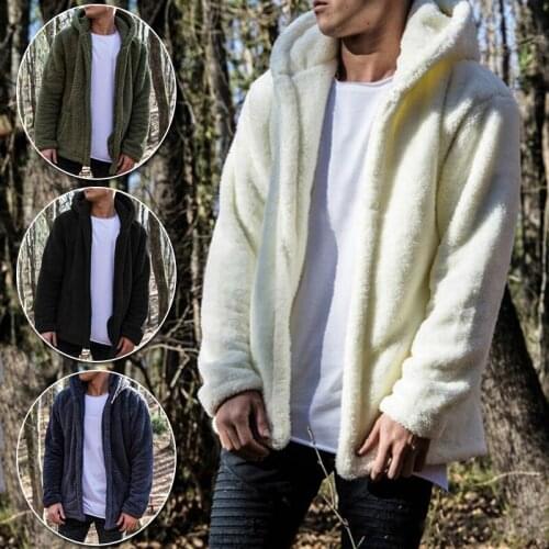 New Autumn Mens Hooded Fleece Jacket Long Sleeve Warm Plush Cardigan Overcoat Solid Color Loose Outerwear Fashion Casual Home