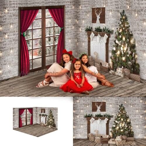 Christmas Room Photograpgy backdrop Kids Family Portrait Reindeer Brick Wall Trees Decor Window Wood Background Baby Photostudio