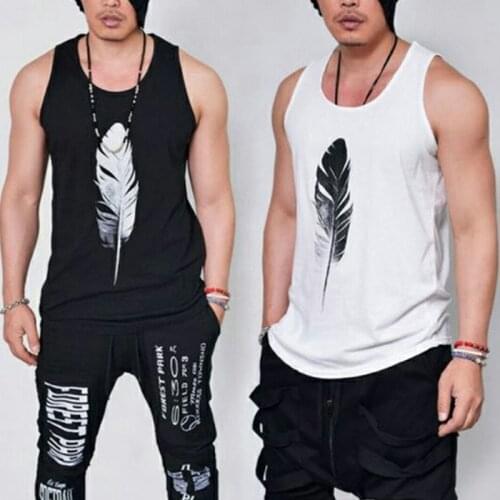 Mens T-shirt Summer New Arrival Mens Short Sleeveless Vest Undershirt Popular Fitness Fashion Art Feather Print O-Neck T-shirt
