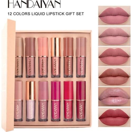 HANDAIYAN 12 Colors Matte Pearl Shimmer Lip Gloss Lipstick Book Set Waterproof Lip Makeup Long Lasting Cosmetics