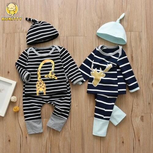 Newborn Infant Baby Boys Clothes Set Giraffe Pattern Long Sleeve Stripe T-shirt Casual Pants Hat 3 Pcs Toddler Clothing Outfits