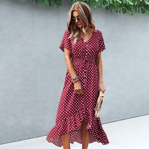 Fashion Holiday Short-sleeved Elegant Dress 2022 New Polka Dot Skirt Short Front and Long Mid-length Large Swing Skirt