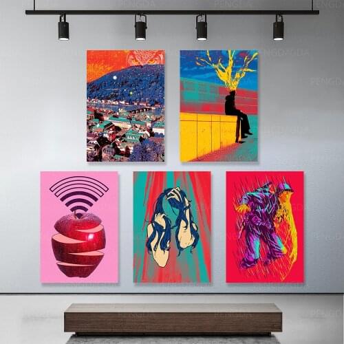 Prints Modular Poster Colorful House Woman Apple WiFi Signal Logo Art Canvas Painting Frame Pictures Home Decor Living Room Wall