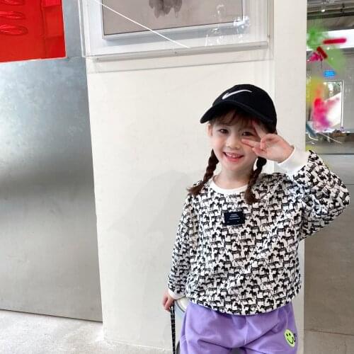 2021 Autumn New Girls and Boys Korean Round Neck Cartoon Printed Long Sleeve Casual T-shirt Top Kids Clothes Childrens T-shirt