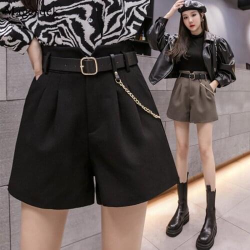 Autumn Winter Black Loose Casual Shorts Women Wide Leg Bottom High Waist Shorts Women Fashion Slim Short Femme With Chain 11367