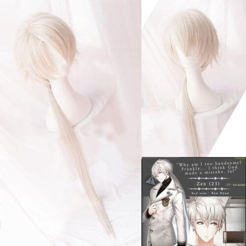 Mystic Messenger Cosplay Wigs Zen Wig Heat Resistant Synthetic Hair Silver Long Ponytail Cosplay Wig + Wig Cap