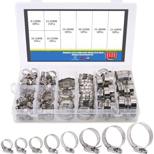 100Pcs Adjustable 8 to 44mm Diameter Clips Worm Gear Hose Clamp Assortment Kit for Various Pipes Automotive Mechanical Use