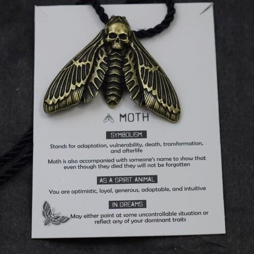 Wiccan dead head bronze skull moth necklace
