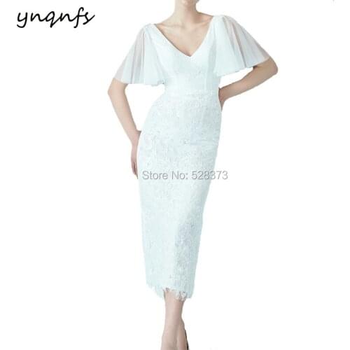 YNQNFS 2019 Elegant Tea Length Sheath Mother of the Bride Dresses Lace Outfits with Sleeve Style:Cap S Mermaid Party Formal Gown