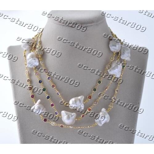 Z11248 46" 20mm White Baroque Keshi Pearl Multicolor Gemstone Chain Necklace Woman Fine Jewelry