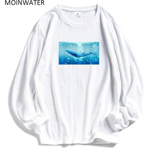 MOINWATER Cartoon Whale Print Long Sleeve T shirts for Women Cotton White Tees Lady Casual Black T shirt Tops MLT1919
