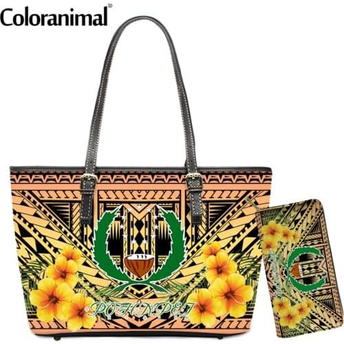 Coloranimal Fashion Women 2Set Shoulder Bag&Wallet Pohnpei Polynesian Hibiscus Printing Girls Handbag PU Leather Tote Bolsa Hot
