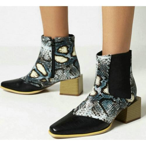 2021 PU Leather Women Ankle Boots Mixed Color Side Zipper Ladies Short Boots Comfortable Square Heel Round Toe Womens Boots