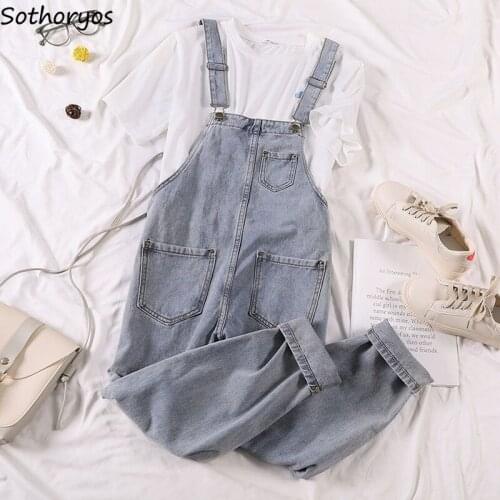 Jumpsuits Women Summer Denim Straps Pants Pockets Korean Style Loose Slim Casual Streetwear Womens All-match Trendy Ulzzang Chic