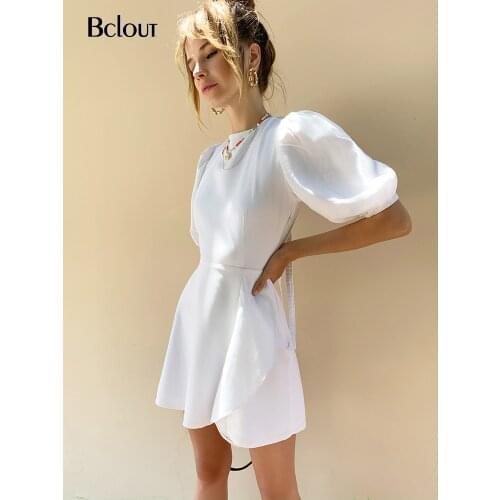 Bclout Summer White Green Backless Woman Short Dress Elegant Puff Sleeve Ruffles Dresses Lace Up 2021 Sexy Basic Cotton Robe