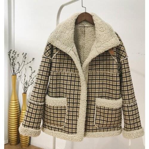 Winter Fashion Womens Jacket Lamb Fur Spliced Coat Long Sleeve Thicken Warm Plaid Cotton Coat Casual Outwear L1776 Free Shipping
