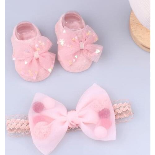 2 Pcs/Set Cute Baby Girl Headbands Socks Set Lace Flower Bows Crown Newborn Headband Girls Hairband Turban Baby Hair Accessories