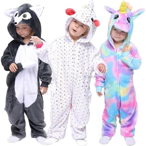 2020 Winter Animal Unicorn Kigurumi Pajamas Boys Girls Anime Panda Jumpsuit Kids Sleepwear Rainbow Unicorn Onesie For Children