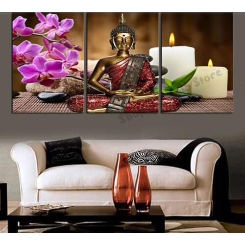 3pcs 5D Diamond Embroidery Diy Diamond Painting Buddha Rhinestone Mosaic Wall Art,Spa Zen Stone Orchid Flower Home Decor TT5208