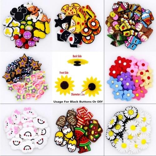 50 PCS Summer Clogs Sandals Ornaments Popsicles Magic Wand Clouds Colorful Flowers Doughnuts Pizza Sushi Cute Shoes Button