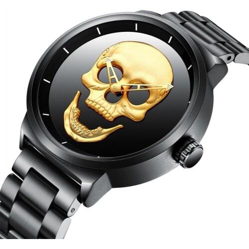 AISHY Fashion Mens Waterproof Stainless Steel Belt Skull Head Leather Copy Watch Ghost Head Male Wristwatches Quartz Wholesale