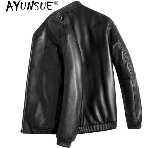 AYUNSUE Mens Leather Jacket Real Sheepskin Coat Bomber Genuine Leather Jacket Men Short Chaqueta Cuero Hombre DK090 KJ2119
