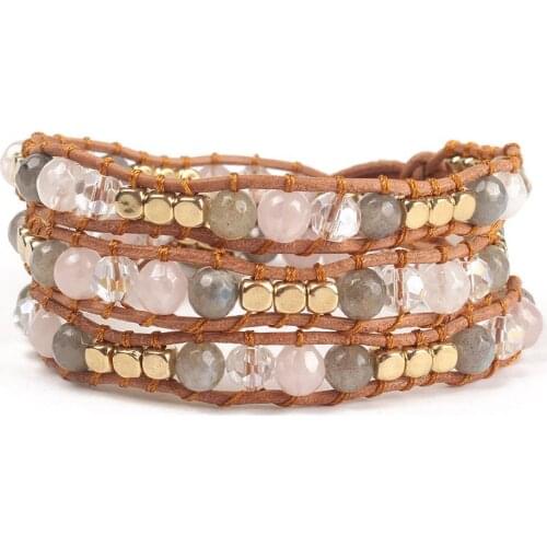 Boho Natural Labradorite Stone Wrap Bracelets for Women Couples Pink Opal White Crystal Amazonite Beaded Bracelet 3Types Jewelry