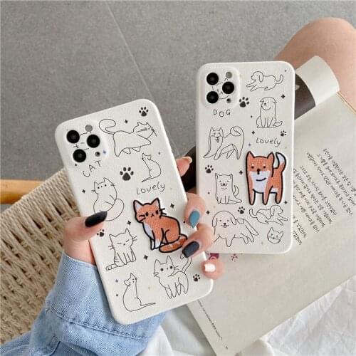 Animal Embroidery Phone Case For Iphone 11 12 Pro Max 7 8 X XS XR SE2 Max XR Cartoon Cat Dog Korea Style Couple Soft Case Cover
