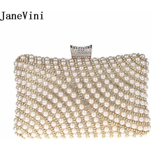JaneVini Designer Pearls Ladies Clutch Bag Women Evening Party Purse Luxury Bling Rhinestone Gold Black Bridal Bead Evening Bags