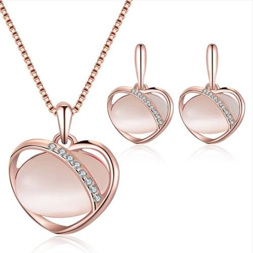 FYJS Unique Rose Gold Color Romantic Love Heart Pendant Cat Eye Stone Necklace Drop Earrings with Rhinestone Jewelry Sets