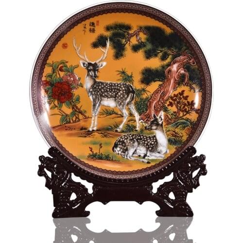 Art Ceramic Ornamental Plate Chinese Lucky Deer Plate Decoration Plate Wood Base Porcelain Plate Set Wedding Gift
