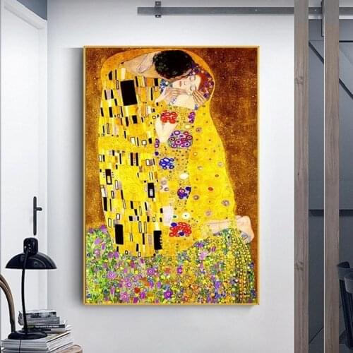 Famous Art Gustav Klimt Kiss Art Canvas Paintings on the Wall Posters And Prints Golden Classical Art Pictures Home Decor Cuadro