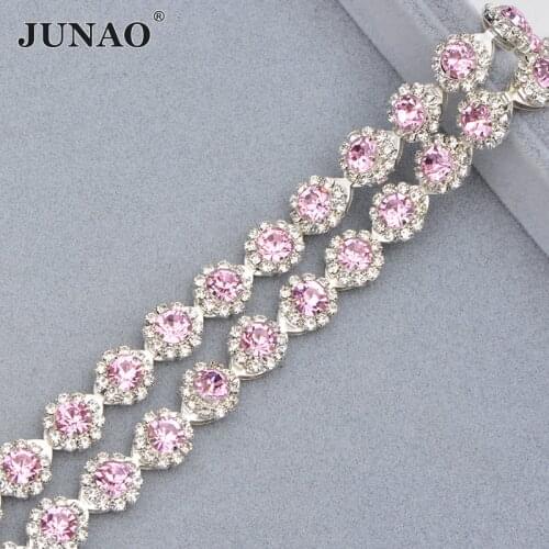 JUNAO 1 Yard Pink Claw Rhinestones Chain Trim Silver Base Sew on Stones And Crystals Cup Chain Sewing Glass Strass Appliques