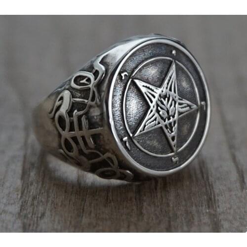 EYHIMD Occult Stainless Steel Sigil of Baphomet Ring Gothic Witch Church of Satan Cross Rings Satanic Lucifer Jewelry