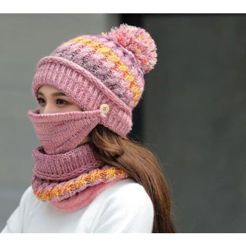 2020 3PCS WOMEN WINTER SCARF SET Thick Warm Fleece Inside Knitted Hat Scarf Set 3pcs Winter Riding fashion Hats